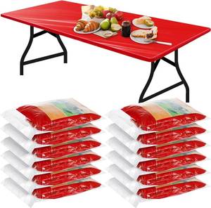 lot 20630 image: Boao 6 Pcs Disposable Plastic Tablecloth Parties Picnic Table Covers with Elastic Fitted Elastic Plastic Table Cover Rectangle Waterproof for Indoor, Outdoor, Picnic, Camping (Red,96 x 30 Inch)