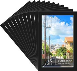 lot 20642 image: Prudiut 15 Pack 11x17 Black Picture Mats, Frame Mattes for 9x15 Pictures Photo Frame Mat Core Bevel Cut Mat Board Show Kit for Photos, Prints, Artworks