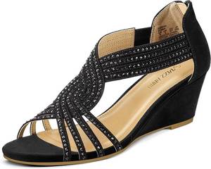 lot 20649 image: PIZZ ANNU Womens Diana Low Wedge Sandals Sparkly Rhinestone Open Toe Fashion Dress Shoes for Woman Lady in Bridal Dance Evening Size 8.5