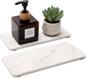 lot 20655 image: 2 Pcs Water Absorbing Stone Drying Trays for Bathroom Sink Kitchen Counter Soap Dish Dispenser Sponge Holder White Ceramic Bathroom Vanity Quick Dry Stone Mat for Kitchen Sink Marble Diatomite Tray