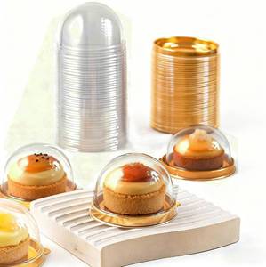 lot 20664 image: Clear Plastic Mini Cake Box, Round Cupcake Holders Plastic Egg-Yolk Puff Container Mooncake Dome Boxes Baking Packing Box (Gold, 3.1 inch,50 Set)