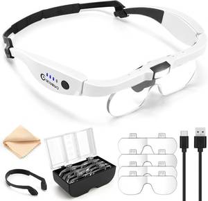 lot 20672 image: Magnifying Glass with Light, 1.5X-5.0X Magnifying Glasses, Rechargeable Magnifier Headset with Light, Head Magnifier with 4 Detachable Lenses, Magnify Glasses for Close Work Crafts Jewelry (The Top of the Case Has Cracks)
