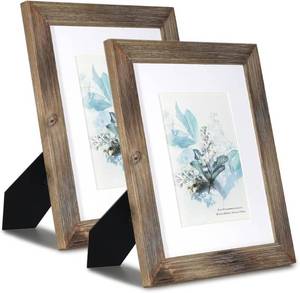 lot 20679 image: KAIWIN 100% Solid Wood Brown 8x10 Picture Frame 2 Pack - Display Picture 5x7 with Mat, Rustic Wooden Photo Frames for Table Top and Wall Mounting