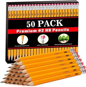 lot 20687 image: V-Opitos Wood-Cased #2 HB Pencils, 50 Pack Bulk Yellow Pencils with Erasers, Pre-Sharpened, School Classroom Teacher Supplies for Writing, Drawing and Sketching