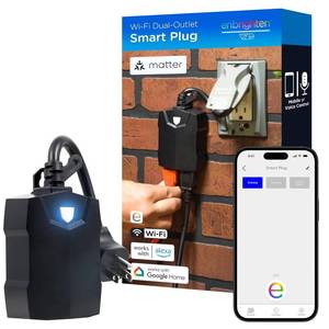 lot 20766 image: Enbrighten Vibe Outdoor Dual Outlet Wi Fi Matter Smart Plug, 2.4GHz, No Hub Required, Compatible with Alexa, Google Assistant and Apple HomeKit, Dual Grounded Plug in Outlets, 81912-TS1