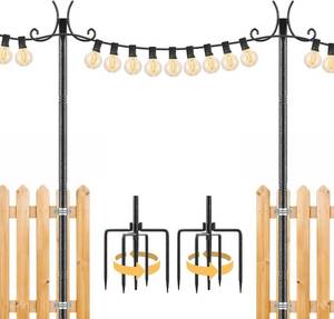 lot 20202 image: 2 Pack String Light Poles for Outside, 10 FT Heavy Duty Metal Festoon Poles with 4-Prong Ground Stake, Adjustable Height Light Stand for Backyard Garden Patio Wedding Party