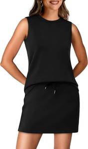 lot 20205 image: WIHOLL Two Piece Skirt Sets for Women Summer Vacation Outfits Tennis Skirt Crew Neck Top Versatile Lounge Sets SIZE M