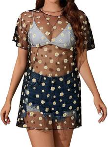 lot 20218 image: FYMNSI Womens Sexy Glitter Sheer Mesh Dress See Through Fishnet Dress Long T-Shirts Bikini Cover Up Beach Swimwear Clubwear