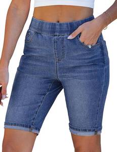 lot 20227 image: luvamia Bermuda Shorts for Women Jean Pull On Elastic Waist High Waisted Knee Length Fold Hem Stretchy Denim Long Shorts SIZE M