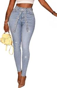 lot 20228 image: CHICME Womens Rhinestone Skinny Jeans Light Blue High Waisted Stretchy Denim Pants with Belt Party Date Night SIZE M