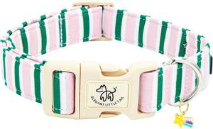 lot 20229 image: Elegant little tail Dog Collar, Cute Pink with Green Strip Pattern Pet Collars Soft Girl or Boy Adjustable Cotton Puppy Collar with Quick Release Buckle for Small Puppy