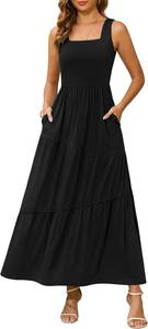 lot 20233 image: Kranda 2026 Summer Sleeveless Long Beach Sundress Square Neck Tank Top Tiered Maxi Dress with Pockets SIZE L