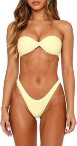 lot 20240 image: Women Bandeau Bikini Set Twist Front Strapless Tube Bikini Top High Cut Cheeky Thong 2 Piece Bathing Suit SIZE M