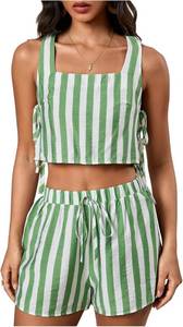 lot 20241 image: MakeMeChic Womens Summer Two Piece Outfit Striped Bow Square Neck Sleeveless Crop Tops and Shorts Set SIZE S