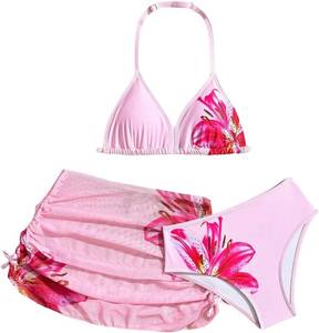 lot 20252 image: RoseSeek Girls 3 Piece Cute Bowknot Bathing Suit Halter Triangle High Waisted Swimsuit with Beach Cover Up Skirt SIZE 11 YEARS