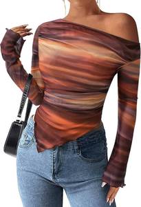 lot 20272 image: PRETTYGARDEN Womens Fall Trendy Off Shoulder Y2k Tops 2026 Tie Dye Mesh Long Sleeve Shirts Asymmetrical Ruched Floral Blouse SIZE XL
