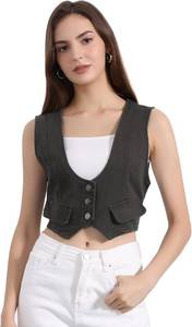 lot 20274 image: Allegra K Womens Denim Vest Sleeveless Button Down Cropped Casual Jean Vest Tops Western Cowgirl Outfits SIZE XL