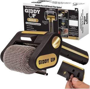 lot 20317 image: Horsepower Giddy Up GOLD Bristle-Free Spinning Grill Brush wLED & Longer Run Time, CordlessRechargeable, 304 Stainless Steel Power Roller Blasts Away Burnt-On Food, No Bristles No Preheating 350 RPM