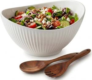lot 20321 image: 60oz Large Ceramic Salad Bowl with Acacia Wood Utensils, 10 Oval White Serving Bowl for Soup, Pasta, Fruit, Snacks   Mixing Bowls for Entertaining, Party, Kitchen, Dinner   Housewarming Gift