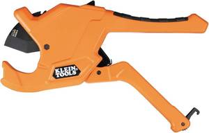 lot 20334 image: Klein Tools 50044 Ratcheting PVC Pipe Cutter Tool, 1-14 Inch I.D. Cutting Capacity for PVC, CPVC, and PEX Pipes, One-Handed Blade Retraction