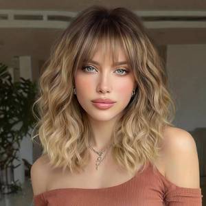 lot 20336 image: Lativ Blonde Wig With Bangs Short Wavy Curly Ombre Wig with Dark Roots Synthetic Heat Resistant Bob Wigs for Women Daily Party Use 14 Inches