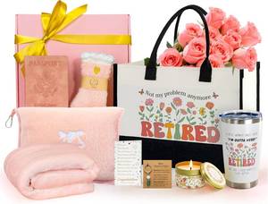 lot 20347 image: Retirement Gifts for Women 2026, Cool Retirement Gift for Coworker Teacher Nurses Boss Friends Mom Grandma Retirees, Farewell Leaving with Travel Blanket &amp Pillow, Happy Retired Gift Basket - Incomplete