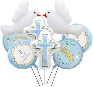 lot 20358 image: 8PCS First Communion Decorations Balloons Baptism Party Foil Balloons for White Peace Dove Mylar Balloons Gold Cross Shape Balloons for Christening Memorial Theme Birthday Baptism Party Decorations