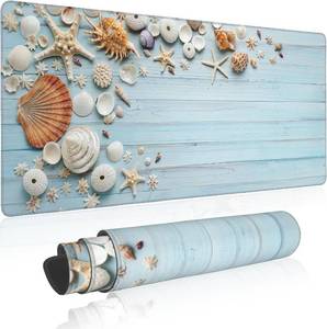 lot 20367 image: Large Mouse Pad Shells on Light Blue Wood Extended Gaming Mouse Pad Non-Slip Desk Mat with Stitched Edge Laptop Computer Keyboard Mousepad for Office Home 35.4 x 15.7
