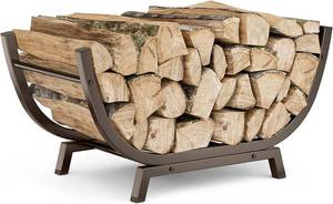 lot 20397 image: Firewood Rack - 25 inch Outdoor Indoor Metal Firewood Holder With Thickened Trapezoid Base-Double Coated Waterproof Rustproof Fireplace Firewood Stand, Bronze