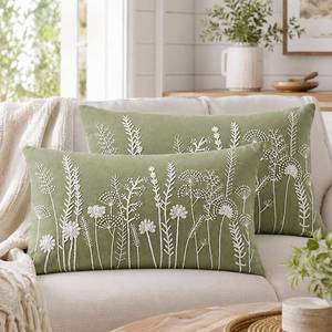 lot 20412 image: 2 Pack Sage Green Lumbar Pillow Covers 12 x 20, Cotton Embroidered Floral Throw Pillow Covers for Couch Sofa Bed, Botanical Cottagecore Farmhouse Decor, Inserts Not Included