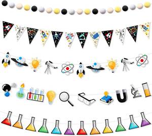 lot 20415 image: Wettarn 5 Pieces Science Decorations Banner Science Party Hanging Garland Chemistry Laboratory Birthday Party Supplies Scientist Lab Theme Birthday Banners for School Classroom(Black White)
