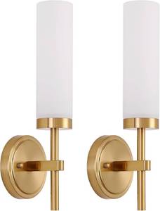 lot 20453 image: Gold Bathroom Wall Sconces Set of 2, Modern Sconces Wall Lighting Vanity Light Fixtures with Opal White Glass Shade, Brushed Brass Wall Lights for Mirror Living Room Bedroom Hallway Kitchen Stairs