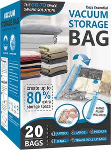 lot 20456 image: Cozy Essential Vacuum Storage Bags, 80% Compression Vacuum Seal Space Saver Plastic Packaging Bags for Clothes, Blankets, Pillow, Bedding, Comforters, Sealer Clothing Storage,20 Combo