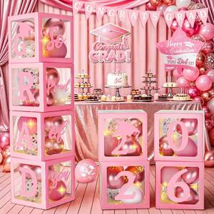 lot 20464 image: Pink Graduation Decorations Class of 2026 - Set of 4 Balloons Boxes with Letters 2026 GRAD So Proud of You, Congrats Grad Party Decorations for Any Grades