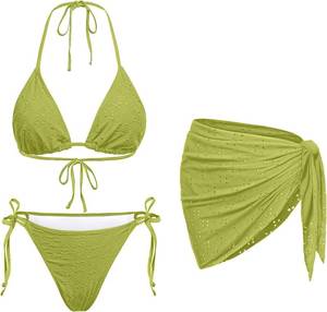 lot 20471 image: Women 3 Piece Swimsuits - Sexy Triangle Bikini Sets with Cover Up Halter String Tie Side Bathing Suits Green Size XXL 2XL