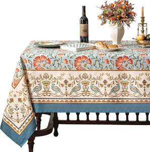 lot 20472 image: JIALE Designer Vintage Tablecloth Rectangle 60 x 80 Inch, Linen Textured  French Floral and Birds Patterned Table Cloth Wrinkle Free Wipeable Washable Colorfast Farmhouse Garden Dining Tea Party