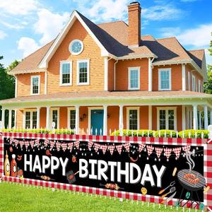 lot 20481 image: Large Happy Birthday Banner - Red Gingham Backdrop for BBQ Birthday Baby Shower Barbecue Party Supplies Yard Outdoor 118 x 23.6 Inch