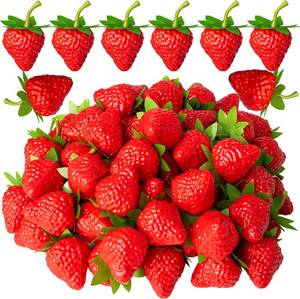 lot 20491 image: 40Pcs Fake Plastic Strawberries, Artificial Lifelike Fruit Red Strawberries with Green Stem and Leaf for Home Kitchen Party Decor Photography Prop
