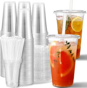 lot 20497 image: AOZITA 100 Sets 20 oz Clear Plastic Cups With Lids and Straws, Iced Coffee Cups Disposable Cups for Iced Coffee, Smoothie, Milkshake and Cold Drinks
