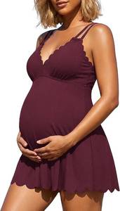 lot 20502 image: Charmo Ribbed Maternity Swimsuit Red One Piece Swim Dress Scalloped V Neck Pregnancy Bathing Suit 2026 Skirt Swimwear size Medium