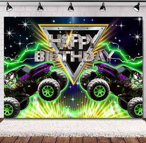 lot 20511 image: SVBright Truck Birthday Backdrop 7Wx5H Monster Green Car Grave Digger Birthday Party Light Racing Car Vehicle Jam Boys Decorations Photography Background Banner Photo Booth Studio