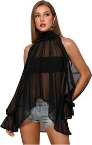 lot 20512 image: OYOANGLE Womens Sheer Chiffon Halter Blouse Dressy Split Flowy Shirts Mock Neck Tie Back Sexy Party Going Out Tops Black Size X Large, XL