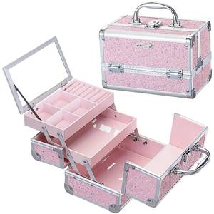 lot 20525 image: FRENESSA Makeup Case Organizer Portable Makeup Train Case Cosmetic Box with Mirror Jewerly Tray for Girls Nail Supplies Make Up Cases Organizers and Storage Kids Craft Case Pink MIRROR CRACKED