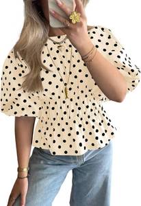 lot 20537 image: Cicy Bell Womens Polka Dots Peplum Tops Summer Puff Short Sleeve Round Neck Blouses Trendy Casual Shirts Beige Size Medium