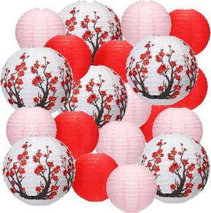 lot 20540 image: Mudder 20 Pieces Chinese Japanese Paper Lanterns Includes Cherry Flowers Paper Lanterns for Hibachi Birthday Party Asia Home Restaurant Wedding Decor(Red White and Pink,Modern Style)