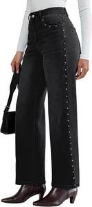 lot 20544 image: luvamia Women Jeans Wide Leg High Waisted Trendy Side Studded Embellished Distressed Stretchy Denim Pants Party Jeans Black Size Medium