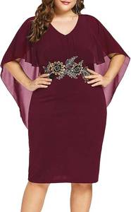 lot 20553 image: ROSE GAL Rosegal Plus Size Women Flower Applique Chiffon Overlay Bodycon Pencil Cape Dress for Wedding Cocktail Party Work Wine Red Size 2XL, XXL