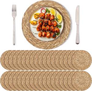 lot 20690 image: Kochorie Set of 36 Round Woven Placemats 13.8 Inch Bulrush Placemats Natural Handwoven Boho Rattan Wicker Table Mats for Farmhouse & Home Dining