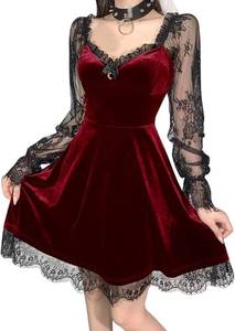 lot 20696 image: Women Gothic Lolita Dress Black Vintage Grunge Velvet Cocktail Party Dress Lace Patchwork Mesh Long Sleeve Punk Goth Dress, XL