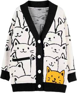 lot 20705 image: Arssm Cat Sweater for Women Oversized Button Down V Neck Knit Cardigan Cute Kawaii Cartoon Print Sweater Fall Clothes, Small